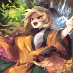  1girl autumn_leaves black_headwear blonde_hair blouse detached_sleeves hat highres ice kozakura_(dictionary) layered_clothing long_hair matara_okina open_mouth orange_eyes outstretched_arms plant seasons solo spread_arms tabard touhou upper_teeth white_blouse 