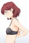  1girl absurdres aoba_misaki armpits arms_behind_back bangs black_bra blush bra brown_eyes brown_hair closed_mouth from_side gradient gradient_background hair_ornament highres hiroki_(yyqw7151) idolmaster idolmaster_million_live! idolmaster_million_live!_theater_days midriff short_hair solo two_side_up underwear upper_body 