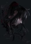  1boy black_background black_eyes black_hair cropped_torso d.gray-man floating_hair hair_ribbon kanda_yuu long_hair looking_at_viewer male_focus miyukiko open_mouth portrait profile red_ribbon ribbon shiny shiny_hair sidelocks signature solo 