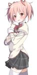  1girl absurdres black_skirt blush eyebrows eyebrows_visible_through_hair hair_ornament highres kaname_madoka looking_at_viewer mahou_shoujo_madoka_magica open_mouth pink_eyes pink_hair pleated_skirt ribbon rits_(apud8788) school_uniform short_hair short_twintails simple_background skirt solo standing sweat thigh-highs twintails white_background white_legwear zettai_ryouiki 