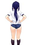  1girl black_legwear blue_buruma blue_hair buruma commentary_request from_behind full_body green_panties gym_uniform hands_on_hips highres hino_minato_(spec.c) kneehighs long_hair love_live! love_live!_sunshine!! matsuura_kanan panties panties_under_buruma ponytail shirt simple_background solo standing t-shirt underwear white_background white_shirt 