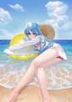  1girl ahoge bangs beach bikini blue_eyes blue_hair blue_sky closed_mouth clouds cloudy_sky commentary_request denpa_onna_to_seishun_otoko eyelashes foot_out_of_frame hat hat_removed headwear_removed inflatable_toy knees_together_feet_apart legs long_hair long_legs long_sleeves looking_at_viewer lying mi8pq on_side red_bikini see-through shiny shiny_hair shirt sidelocks sky smile soles solo sun_hat swimsuit swimsuit_under_clothes touwa_erio water wet wet_clothes wet_shirt white_shirt 