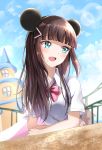  1girl :d animal_ears bangs black_hairband blue_eyes blue_sky blunt_bangs blush bow breasts brown_hair clouds cloudy_sky collared_shirt commentary_request day dress_shirt eyebrows_visible_through_hair fake_animal_ears hair_ornament hairband hairclip highres kurosawa_dia long_hair looking_away looking_to_the_side love_live! love_live!_sunshine!! mickey_mouse_ears mole mole_under_mouth mouse_ears open_mouth outdoors pink_bow shirt sin_(sin52y) sky small_breasts smile solo upper_body upper_teeth white_shirt 