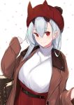  1girl absurdres bag bangs belt beret blush breasts brown_coat closed_mouth coat fate/grand_order fate_(series) hair_between_eyes hat highres horns large_breasts long_hair long_sleeves looking_at_viewer nanakaku oni_horns open_clothes open_coat red_eyes red_headwear red_skirt shoulder_bag silver_hair skirt smile sweater tomoe_gozen_(fate/grand_order) turtleneck turtleneck_sweater white_sweater 
