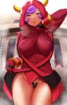  1girl bangs black_panties blush breasts fake_horns gloves highleg highleg_panties highres hitotsuki_nebura horned_headwear horns kagari_(pokemon) large_breasts long_sleeves looking_at_viewer open_mouth panties pokemon pokemon_(game) pokemon_oras purple_hair ribbed_sweater sweater swept_bangs team_magma team_magma_uniform thighs underwear violet_eyes 