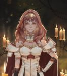  1girl absurdres artist_name azto_dio bangs black_gloves breasts candle celica_(fire_emblem) corruption dark_persona earrings fingerless_gloves fire_emblem fire_emblem_echoes:_shadows_of_valentia fire_emblem_heroes gloves glowing gold_hairband hand_on_hip highres jewelry looking_down orange_eyes redhead small_breasts smirk 