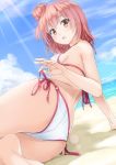  1girl arm_support ass bare_arms bare_shoulders barefoot beach bikini blue_sky breasts clouds commentary_request day from_behind hair_bun light_rays looking_at_viewer looking_back medium_breasts miri_(ago550421) ocean on_ground outdoors parted_lips pink_ribbon red_eyes redhead ribbon short_hair side-tie_bikini sideboob sky solo sparkle sunbeam sunlight swimsuit white_bikini yahari_ore_no_seishun_lovecome_wa_machigatteiru. yuigahama_yui 