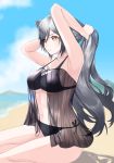  1girl animal_ears arknights armpits arms_up bangs bare_arms bare_shoulders beach bikini black_bikini blue_sky breasts cat_ears clouds commentary_request day hair_between_eyes highres lan_qiandai large_breasts long_hair navel schwarz_(arknights) see-through shadow side-tie_bikini silver_hair sitting sky solo stomach swimsuit thighs tying_hair very_long_hair water yellow_eyes 