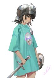  1girl aqua_shirt black_hair helmet highres holding holding_shield holding_sword holding_weapon looking_down original print_shirt shield shirt short_hair simple_background sword weapon white_background xiao_chichi 