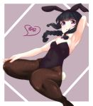  1girl animal_ears bangs black_hair black_legwear black_leotard blunt_bangs bow bowtie braid breasts bunny_girl bunny_tail bunnysuit commentary_request detached_collar dutch_angle hair_ribbon highres kantai_collection kitakami_(kantai_collection) leotard long_hair looking_at_viewer open_mouth pantyhose purple_neckwear rabbit_ears ribbon sidelocks single_braid sitting small_breasts solo strapless strapless_leotard tail tress_ribbon uruma_gia violet_eyes wariza 