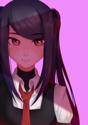  1girl absurdres ajiitou bangs black_hair blush dress_shirt eyebrows_visible_through_hair eyelashes face highres jill_stingray lips long_hair necktie pink_background portrait red_eyes shadow shirt solo swept_bangs turtleneck twintails va-11_hall-a vest 