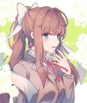  1girl aicedrop bangs blazer blue_eyes blue_nails bow brown_hair brown_jacket collared_shirt doki_doki_literature_club eyebrows_visible_through_hair hair_behind_ear hair_bow jacket looking_at_viewer monika_(doki_doki_literature_club) open_hand open_mouth school_uniform shirt solo white_bow white_shirt 