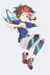  1boy bag blue_jacket bodysuit bodysuit_under_clothes brown_eyes brown_hair commentary_request full_body grin hand_on_headwear jacket looking_down male_focus nate_(pokemon) niimura_(csnel) one_eye_closed pokemon pokemon_(game) pokemon_bw2 red_headwear shoes short_hair shorts shoulder_bag simple_background smile sneakers solo teeth visor_cap white_background xtransceiver zipper_pull_tab 