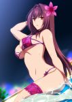  1girl arm_up bangs bare_shoulders bikini breasts cute fate/grand_order fate/stay_night fate_(series) flower from_below from_side hair_between_eyes hair_flower hair_ornament hera_(hara0742) hibiscus highres large_breasts leg_garter long_hair looking_at_viewer night night_sky outdoors parted_lips pink_bikini pink_flower purple_bikini purple_hair red_eyes scathach_(fate)_(all) scathach_(swimsuit_assassin)_(fate) shiny shiny_skin sitting sky solo swimsuit thighs tree type-moon ufotable under_boob wariza water wet 