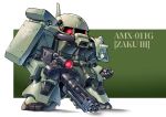  absurdres advance_of_zeta ag_00000 chibi glowing glowing_eye gun gundam highres holding holding_gun holding_weapon looking_to_the_side mecha no_humans one-eyed open_hand red_eyes solo standing weapon zaku_iii 