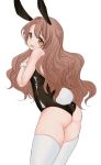  1girl animal_ears ass bare_shoulders black_leotard brown_eyes brown_hair bunny_tail bunnysuit chungu cowboy_shot fake_animal_ears fake_tail from_behind hands_up idolmaster idolmaster_cinderella_girls leotard long_hair looking_at_viewer looking_back open_mouth rabbit_ears shimamura_uzuki simple_background solo tail thigh-highs two_side_up white_background white_legwear wrist_cuffs 