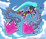  absurdres blue_sky clouds cloudy_sky commentary day deviantart_username dragapult dragon dreepy english_commentary firing flying gen_8_pokemon harlequinwaffles highres no_humans outline pokemon pokemon_(creature) signature sky smoke tongue tongue_out watermark web_address white_outline 