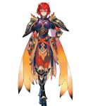  1girl alternate_costume armor armored_boots bangs belt bodysuit bodysuit_under_clothes boots breastplate closed_mouth feather_trim fire_emblem fire_emblem:_mystery_of_the_emblem fire_emblem_heroes gauntlets hair_ornament highres minerva_(fire_emblem) official_art red_bodysuit red_eyes redhead shiny shiny_clothes shiny_hair short_hair shoulder_armor smile solo 