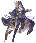  1boy bicorne black_gloves black_hair boots cloak cravat formal full_body glasses gloves gold_trim gradient_hair hair_over_one_eye hameln_(sinoalice) hat holding holding_instrument holding_sword holding_weapon instrument ji_no looking_at_viewer multicolored_hair official_art purple_hair red_eyes sinoalice solo suit sword thigh-highs thigh_boots transparent_background trombone two-tone_hair weapon 