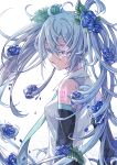  1girl absurdres artist_name bangs blue_eyes blue_flower blue_hair blue_rose commentary detached_sleeves floating_hair flower hair_between_eyes hair_flower hair_ornament hatsune_miku highres looking_down power_symbol rihiyaa rose solo tattoo twintails vocaloid 