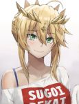  1girl ahoge alternate_costume artoria_pendragon_(all) artoria_pendragon_(lancer) bangs bare_shoulders blonde_hair blush braid breasts collarbone crown eyebrows_visible_through_hair fate/grand_order fate_(series) french_braid green_eyes grey_background hair_between_eyes highres large_breasts long_hair looking_at_viewer off-shoulder_shirt off_shoulder shirt sidelocks simple_background smile solo tonee white_shirt 