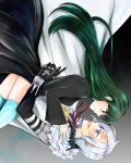  1boy 1girl 3so4ru5959 :d absurdres allen_walker black_jacket blue_eyes blue_legwear cape closed_mouth couple d.gray-man eye_contact facial_mark floating_hair green_eyes green_hair hair_down highres jacket lenalee_lee long_hair long_sleeves looking_at_another neck_ribbon open_mouth red_ribbon ribbon shiny shiny_hair silver_hair smile star_(symbol) straight_hair thigh-highs very_long_hair waist_cape white_cape 
