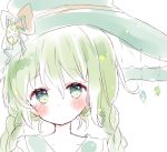  1girl bangs blush bow braid brown_bow closed_mouth collarbone eyebrows_visible_through_hair green_eyes green_hair green_headwear hair_between_eyes hat hat_bow highres long_hair original portrait simple_background solo tsukiyo_(skymint) twin_braids twintails white_background witch_hat 