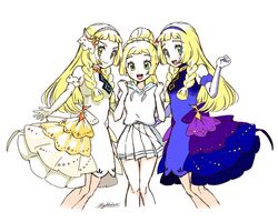  3girls blonde_hair blue_dress blue_hairband blunt_bangs blush braid closed_mouth commentary_request dress elbow_gloves eyelashes gloves green_eyes hairband hand_up hiyokko2min knees lillie_(anniversary_2021)_(pokemon) lillie_(anniversary_2024)_(pokemon) lillie_(pokemon) long_hair multiple_girls official_alternate_costume orange_pupils pleated_skirt pokemon pokemon_masters_ex pokemon_sm ponytail shirt short_sleeves signature skirt sleeveless sleeveless_dress smile twin_braids white_background white_dress white_gloves white_shirt white_skirt 