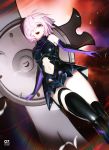  1girl armor armored_dress bangs bare_shoulders black_gloves black_legwear blush breasts commentary_request costor32 fate/grand_order fate_(series) gloves hair_over_one_eye highres holding_shield looking_at_viewer mash_kyrielight medium_breasts navel purple_gloves shield short_hair smile solo thigh-highs upper_teeth violet_eyes 