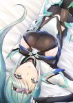  1girl bangs breasts chest_jewel cowboy_shot dutch_angle gloves green_hair highres large_breasts long_hair lying nano_mik on_back on_bed pneuma_(xenoblade) ponytail solo swept_bangs tiara upside-down xenoblade_(series) xenoblade_2 