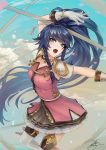  1girl blue_eyes blue_hair braid breasts commentary fadingzz fire_emblem fire_emblem:_the_sacred_stones floating floating_hair from_above gloves hand_up long_hair long_ponytail looking_to_the_side looking_up open_mouth polearm ponytail signature sky small_breasts solo spear tana_(fire_emblem) very_long_hair weapon white_gloves 