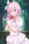  1girl bang_dream! bangs blurry blurry_background braid collarbone commentary_request dress eyebrows_visible_through_hair flower hair_ribbon highres holding holding_flower kurai_masaru long_hair looking_at_viewer outdoors pink_hair pink_ribbon red_flower ribbon short_sleeves smile solo tree twin_braids wakamiya_eve white_dress 