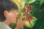  1boy 1girl absurdres arrietty black_hair drawing eye_contact from_side highres huge_filesize karigurashi_no_arrietty long_hair looking_at_another minigirl nham_nguyen open_mouth painterly painting peaceful plant ponytail redhead shou_(karigurashi_no_arrietty) vines 