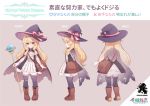  1girl black_legwear blonde_hair blush boots cape character_sheet child cowlick dress eyebrows_visible_through_hair from_behind furrowed_eyebrows gloves hair_between_eyes hat headband holding holding_staff linmiu_(smilemiku) little_witch_nobeta long_hair looking_at_viewer looking_to_the_side multiple_views nobeta official_art red_eyes simple_background staff thigh-highs translation_request white_gloves witch_hat 