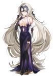  1girl absurdres ahoge bangs black_dress black_gloves black_legwear blush breasts dress elbow_gloves fate/grand_order fate_(series) gloves headpiece highres jeanne_d&#039;arc_(alter)_(fate) jeanne_d&#039;arc_(fate)_(all) large_breasts long_hair looking_at_viewer silver_hair simple_background thigh-highs yellow_eyes yuuko_(030_yuko) 