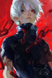  1boy abstract black_eyes black_sclera broken broken_chain chain heterochromia high_collar kaneki_ken looking_at_viewer looking_down male_focus nishihara_isao red_eyes shirt short_hair solo tokyo_ghoul torn_clothes torn_shirt white_hair 