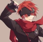  1boy arm_up black_gloves black_headband black_jacket closed_mouth d.gray-man earrings eyepatch fingerless_gloves gloves green_eyes grey_background headband jacket jewelry lavi long_sleeves male_focus or_i redhead simple_background solo spiky_hair tongue tongue_out upper_body 