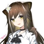  1girl :d animal animal_ears animal_on_shoulder arknights ascot bangs black_choker black_neckwear brown_hair chinese_commentary choker commentary_request folinic_(arknights) hair_ornament lanelise long_hair looking_at_viewer open_mouth shirt simple_background smile upper_body white_background white_shirt yellow_eyes 