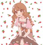  1girl :3 :d blush bow bowtie braid brown_eyes brown_hair chungu dress eyebrows_visible_through_hair food_print fruit_background hair_bow hair_ornament idolmaster idolmaster_cinderella_girls leaning_forward long_hair looking_at_viewer moroboshi_kirari open_mouth red_bow red_neckwear short_sleeves smile solo standing star_(symbol) star_hair_ornament strawberry_background twin_braids wristband 