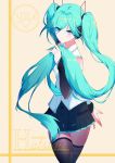  1girl absurdres arm_behind_back black_skirt blue_eyes blue_hair character_name crossed_legs detached_sleeves hatsune_miku headphones highres holding holding_hair huge_filesize long_hair looking_up rzx0 skirt thigh-highs twintails very_long_hair vocaloid zettai_ryouiki 
