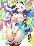  1girl android animal_ears black_gloves blue_eyes bodysuit breasts cat_ears dspell english_commentary fake_animal_ears galaxy gloves grey_hair hairband heart heart-shaped_pupils highres joints leotard looking_down original personification prosthesis prosthetic_arm robot_joints satellite space symbol-shaped_pupils thick_thighs thighs under_boob white_hair wire 