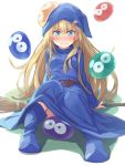  1girl absurdres bangs belt blob blonde_hair blue_eyes blue_footwear blue_headwear blue_robe blush boots broom commentary creature_on_head eyebrows_visible_through_hair full_body hair_between_eyes hat highres long_hair long_sleeves looking_at_viewer michairu puyo_(puyopuyo) puyopuyo robe simple_background sitting solo tearing_up tears v-shaped_eyebrows very_long_hair white_background witch_(puyopuyo) wizard_hat 