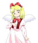  1girl angel_wings arm_at_side bangs blonde_hair blush bow bowtie closed_mouth collared_shirt cowboy_shot gengetsu_(touhou) hair_bow hand_up head_tilt high-waist_skirt high_collar juliet_sleeves light_smile long_sleeves looking_at_viewer mandarin_collar medium_hair nonamejd official_style puffy_sleeves red_bow red_bowtie red_ribbon ribbon shirt shirt_tucked_in simple_background skirt sleeve_garter solo standing straight_hair suspender_skirt suspenders tareme touhou touhou_(pc-98) white_background white_shirt white_skirt white_wings wings yellow_eyes zun_(style) 