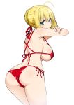  1girl ahoge ass back bangs bare_shoulders bikini blonde_hair blush braid breasts closed_mouth fate/extra fate_(series) french_braid green_eyes hair_bun hair_intakes large_breasts long_hair looking_at_viewer looking_back namonashi nero_claudius_(fate) nero_claudius_(fate)_(all) red_bikini sideboob simple_background smile swimsuit thighs 