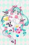  1girl :d animal_ears ankle_boots argyle argyle_background blue_hair bodystocking boots bow bright_pupils chungu commentary drill_hair earrings eyebrows_visible_through_hair full_body hand_up hatsune_miku jewelry long_hair looking_at_viewer open_mouth pink_eyes rabbit_ears round_teeth smile solo teeth twintails twitter_username upper_teeth very_long_hair vocaloid white_footwear white_pupils 