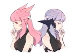 2girls animal_ears au_ra bangs cat_ears dragon_horns facial_mark final_fantasy final_fantasy_xiv halter_top halterneck hand_to_own_mouth horns long_hair lyra-kotto miqo&#039;te multiple_girls pink_eyes pink_hair profile purple_hair scales twintails upper_body violet_eyes whisker_markings white_background 