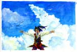  1boy animal arms_up belt belt_buckle bird black_hair blue_sky blush buckle closed_eyes clouds cloudy_sky flying gun long_hair male_focus n_sonota open_arms open_mouth outdoors pirate pirate_(sekaiju) ponytail sekaiju_no_meikyuu sky solo standing tongue traditional_media watercolor_(medium) weapon 