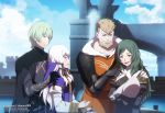  2boys 2girls armor artist_name baby beard black_gloves blue_sky brown_hair byleth_(fire_emblem) byleth_eisner_(male) closed_mouth clouds dannex009 day dress facial_hair father_and_son fire_emblem fire_emblem:_three_houses from_side gloves green_eyes green_hair hair_ornament highres husband_and_wife if_they_mated jeralt_reus_eisner long_hair long_sleeves lysithea_von_ordelia mother_and_son multiple_boys multiple_girls open_mouth outdoors short_hair sitri_(fire_emblem) sky smile watermark web_address white_hair 