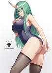  1girl aqua_hair arknights artist_logo artist_name ass bangs bare_shoulders black_legwear blue_swimsuit blush breasts commentary_request eyebrows_visible_through_hair grin hair_between_eyes highres horns hoshiguma_(arknights) long_hair looking_at_viewer mool_yueguang one-piece_swimsuit single_horn smile solo swimsuit thigh-highs very_long_hair yellow_eyes 