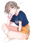  1girl blue_eyes blue_shirt brown_hair goroo_(eneosu) hair_between_eyes highres indian_style looking_at_viewer love_live! love_live!_sunshine!! polka_dot polka_dot_scrunchie scrunchie shirt short_hair shorts simple_background sitting socks solo watanabe_you white_background white_legwear wrist_scrunchie yellow_shorts 